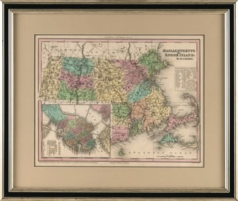 H.S. TANNER MAP "MASSACHUSETTS AND RHODE ISLAND" 19th Century 11.5" x 15" sight. Framed 18" x 21".