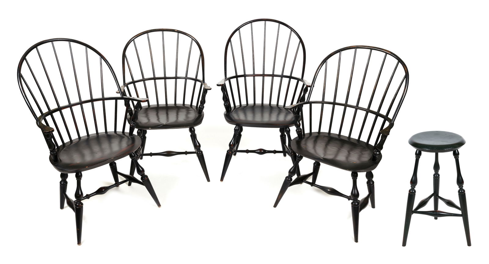 FOUR WARREN CHAIR WORKS WINDSOR ARMCHAIRS AND A STOOL Warren, Rhode Island, Contemporary Chair back: FOUR WARREN CHAIR WORKS WINDSOR ARMCHAIRS AND A STOOLWarren, Rhode Island, ContemporaryMade for Adriance Furniture Makers. Chairs painted black and the stool green.Chair back heights 39.5". Seat heigh