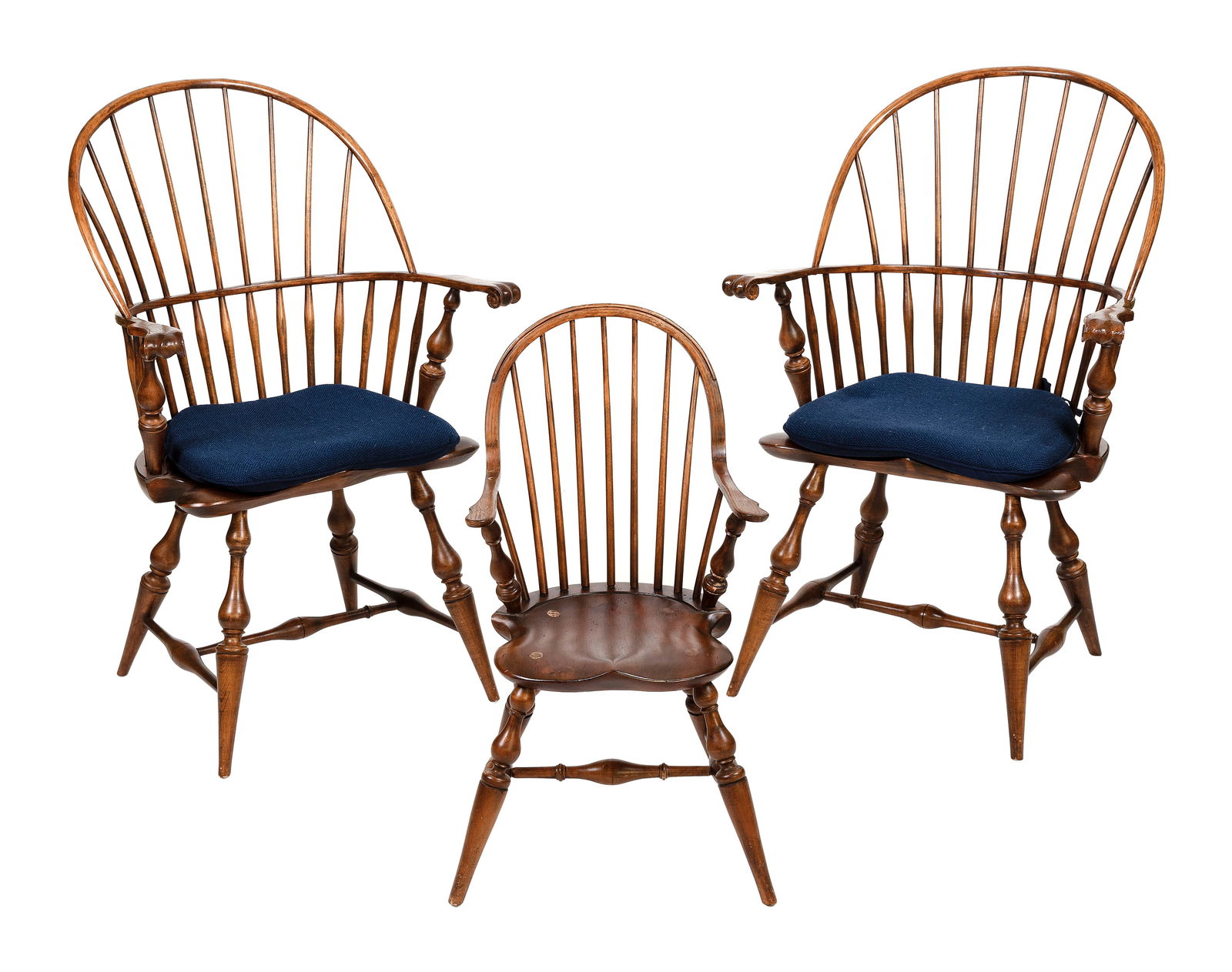 THREE D.R. DIMES WINDSOR CHAIRS New Hampshire, 20th Century: THREE D.R. DIMES WINDSOR CHAIRSNew Hampshire, 20th CenturyA youth chair, back height 37", and two armchairs, back heights 40" and seat heights 18".