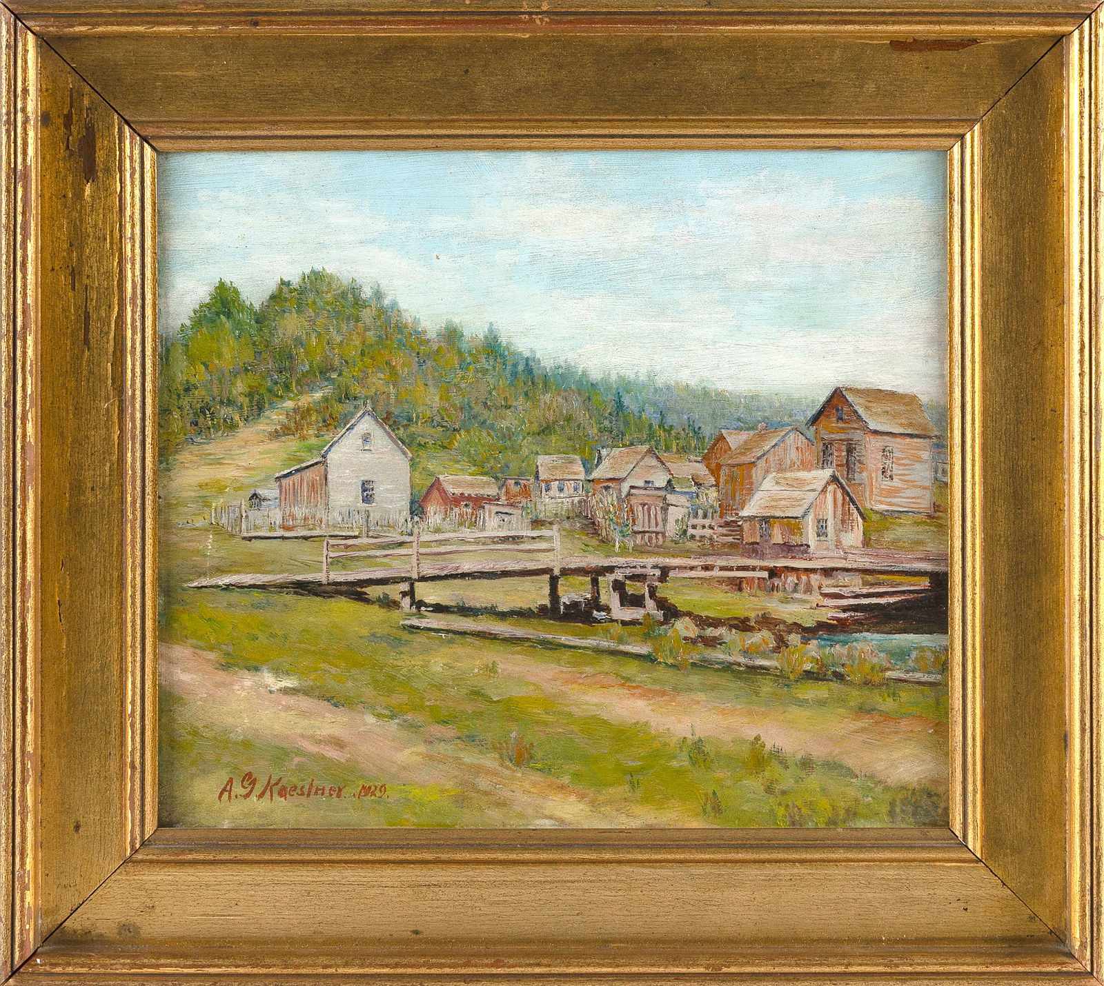 AMERICAN SCHOOL (Early 20th Century,), Village scene., Oil on board, 8.75" x 10". Framed 12.25" x (1 of 2)