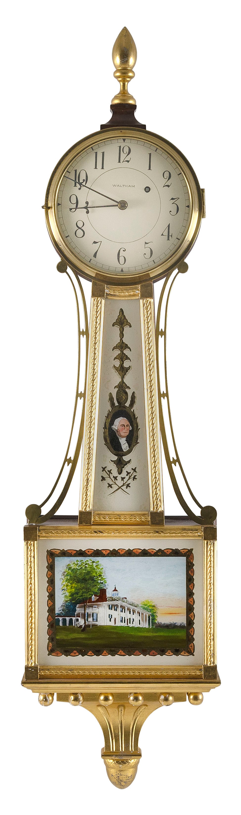 WALTHAM BANJO CLOCK 20th Century Height 42".: WALTHAM BANJO CLOCK20th CenturyReverse-painted glass tablet depicts Mount Vernon.Height 42".