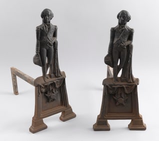 PAIR OF CAST IRON GEORGE WASHINGTON ANDIRONS Early 20th Century Heights 21".