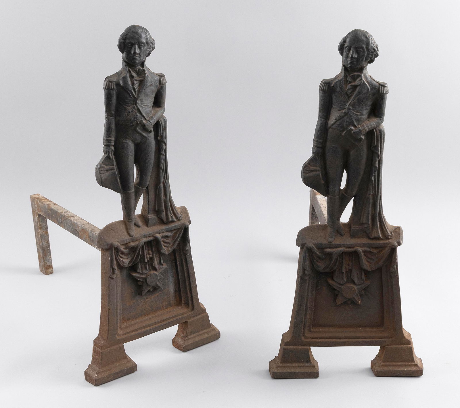 PAIR OF CAST IRON GEORGE WASHINGTON ANDIRONS Early 20th Century Heights 21". (1 of 1)