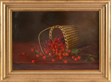 FALL RIVER SCHOOL (19th Century,), Still life of a basket of cherries., Oil on canvas, 12.5" x 18".