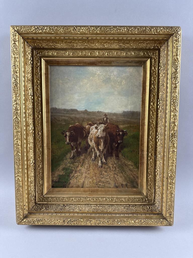 GEORGE ARTHUR HAYS (Rhode Island/Massachusetts, 1854-1945), Cows on a country path., Oil on canvas,: GEORGE ARTHUR HAYSRhode Island/Massachusetts, 1854-1945Cows on a country path. Signed lower left "G.A. Hays". Dated 1908 verso.Oil on canvas, 12" x 9". Framed 18" x 14.5".