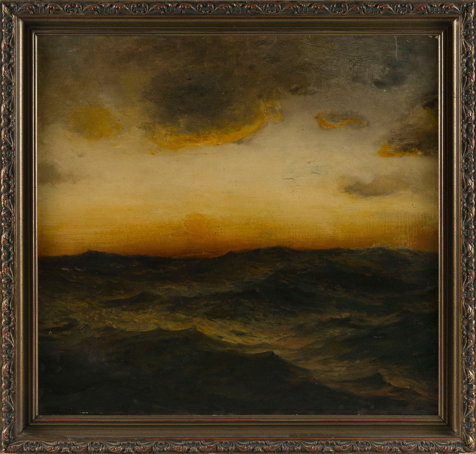 FRANK KNOX MORTON REHN (Pennsylvania/Massachusetts, 1848-1914), Sunset over the ocean., Oil on: FRANK KNOX MORTON REHNPennsylvania/Massachusetts, 1848-1914Sunset over the ocean. Signed lower left "F.K.M. Rehn".Oil on canvas, 22" x 23". Framed 25.5" x 26.5".