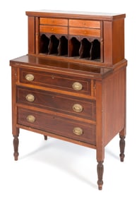 DIMINUTIVE SHERATON-STYLE MAHOGANY TAMBOUR SECRETARY Early 20th Century Height 45". Width 30.25".