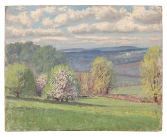 AMERICAN SCHOOL (20th Century,), Landscape with fields and flowering trees., Oil on board, 11" x