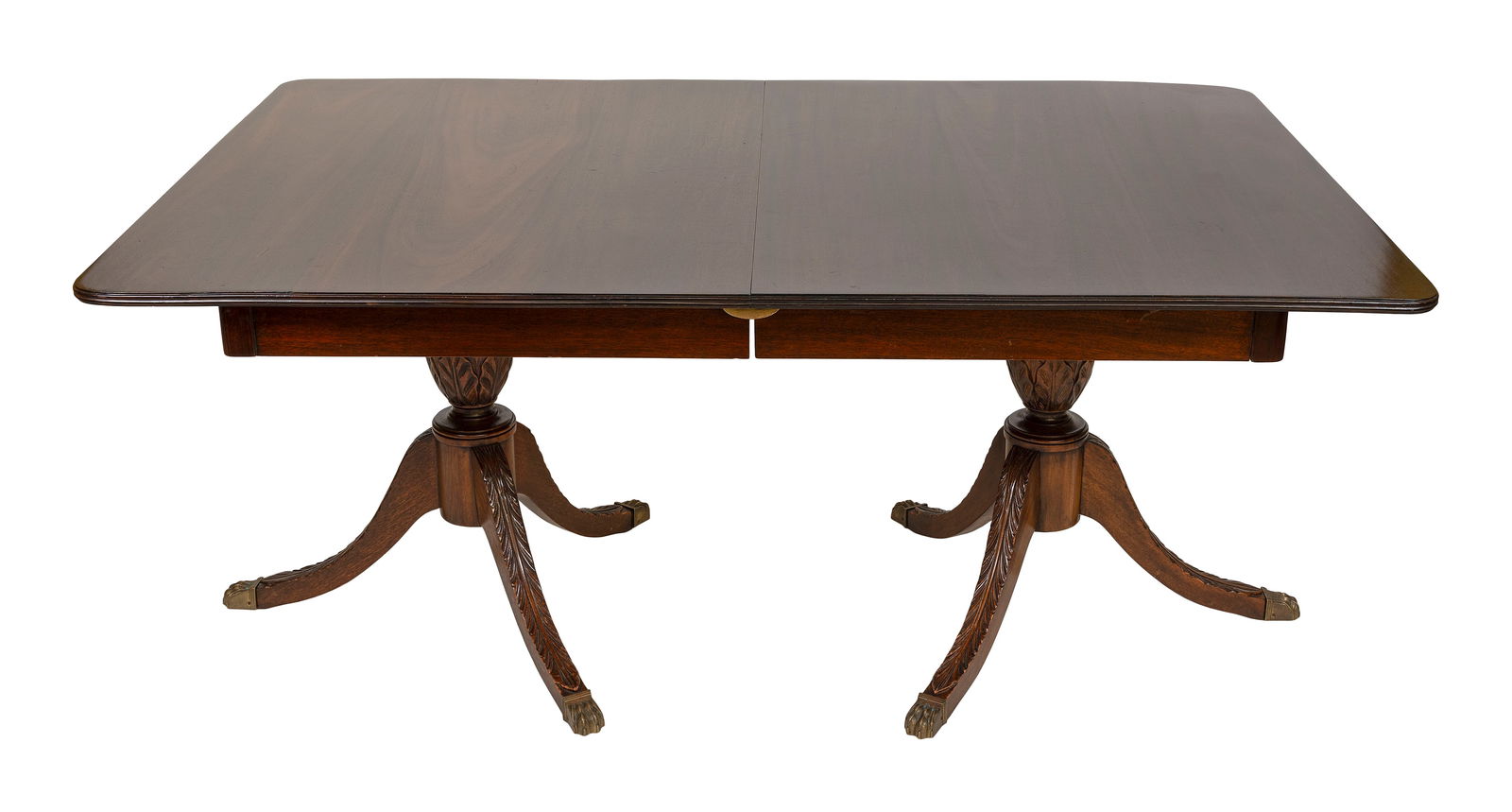 DUNCAN PHYFE-STYLE MAHOGANY VENEER DINING TABLE 20th Century Height 28.5". Length 68" plus three (1 of 2)