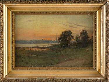 LEMUEL D. ELDRED (Massachusetts, 1848-1921), Sunset on the harbor., Oil on canvas, 12? x 18?. Framed