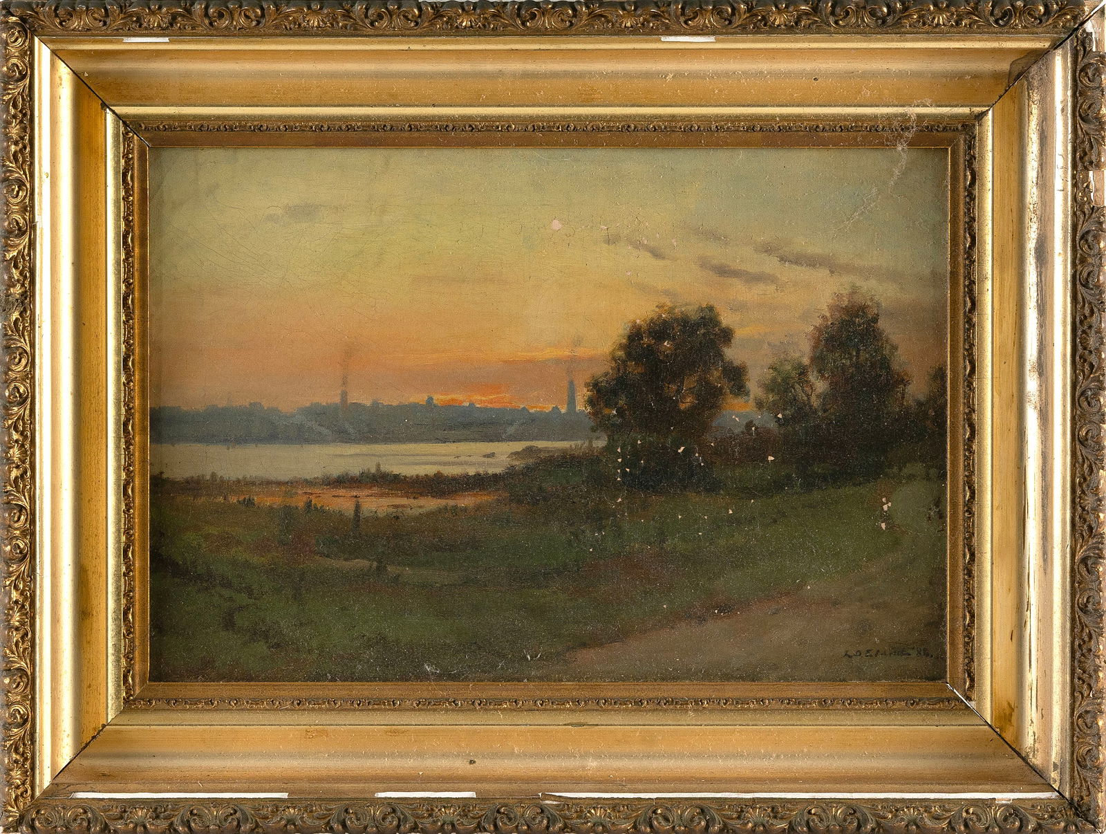 LEMUEL D. ELDRED (Massachusetts, 1848-1921), Sunset on the harbor., Oil on canvas, 12? x 18?. Framed (1 of 2)