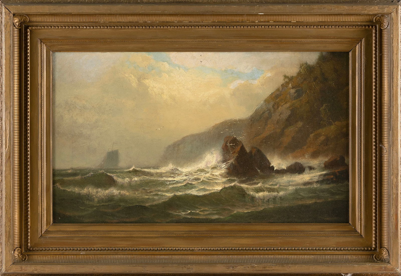 LEMUEL D. ELDRED (Massachusetts, 1848-1921), Ship off a rocky coast, possibly Grand Manan., Oil on (1 of 2)
