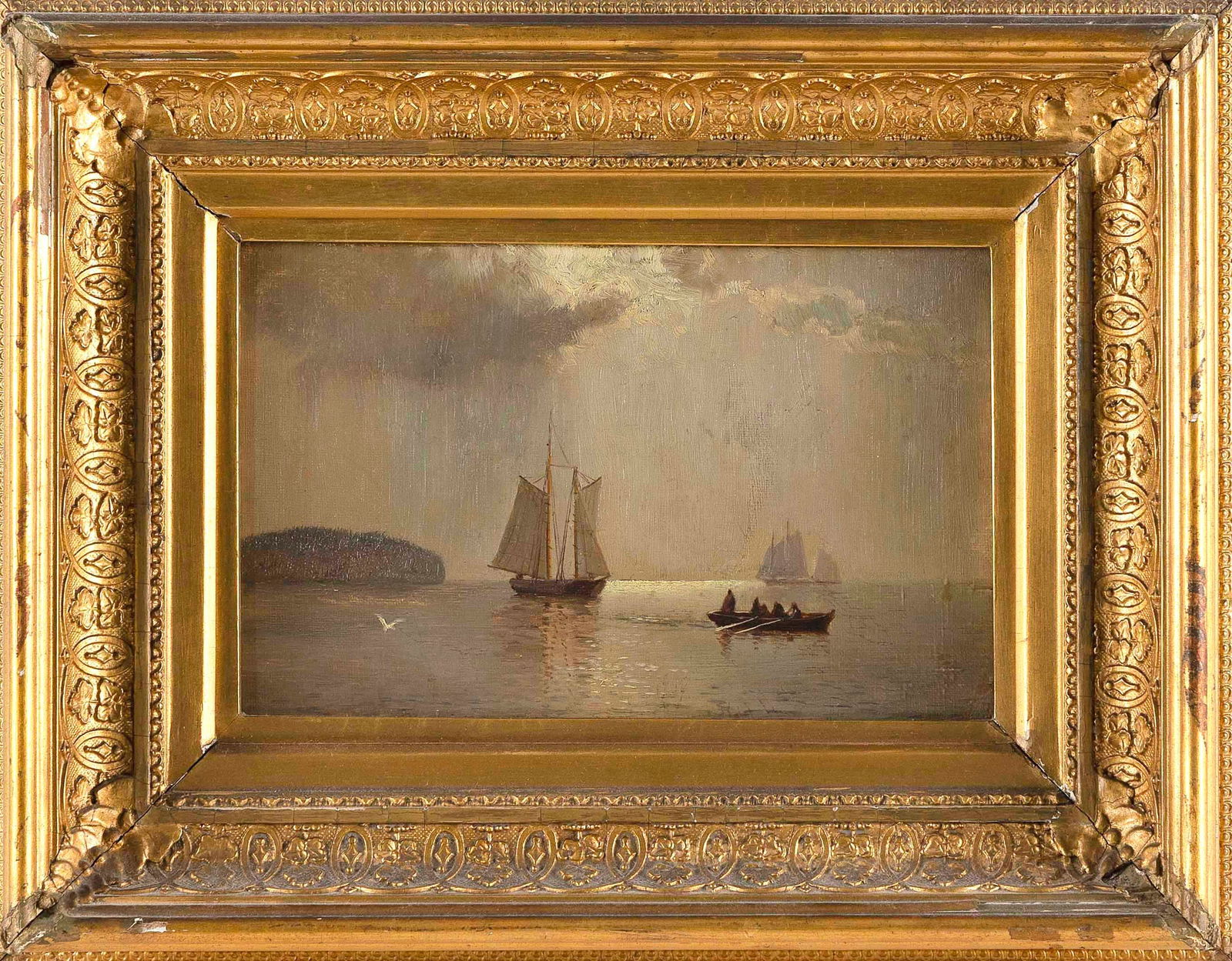 LEMUEL D. ELDRED (Massachusetts, 1848-1921), Sunlight reflecting off boats along the coast., Oil on: LEMUEL D. ELDREDMassachusetts, 1848-1921Sunlight reflecting off boats along the coast. Signed verso "L.D. Eldred, New Bedford, MA".Oil on board, 5.5? x 8.5?. Framed 10.5? x 13.5?.