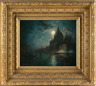 LEMUEL D. ELDRED (Massachusetts, 1848-1921), Moonlit scene of Paris., Oil on canvas, 13" x 16".