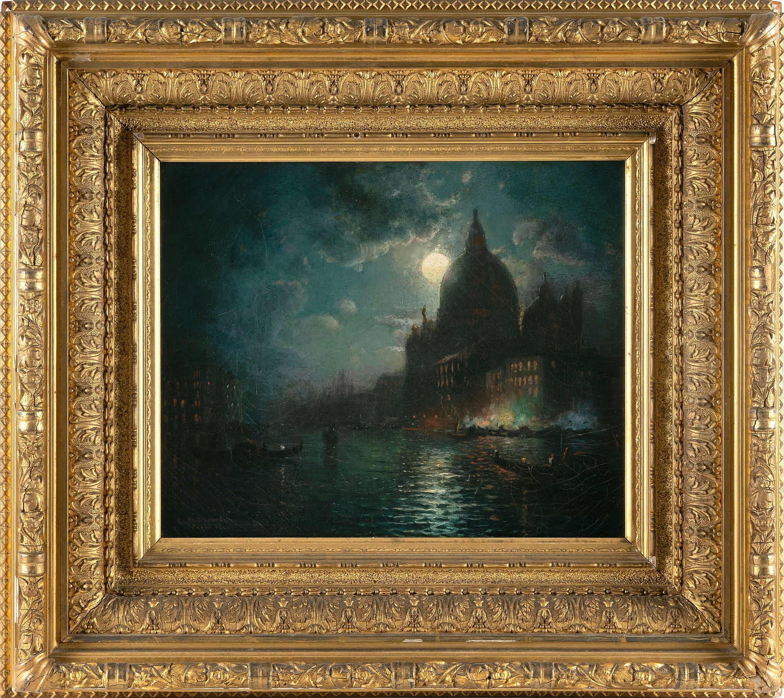 LEMUEL D. ELDRED (Massachusetts, 1848-1921), Moonlit scene of Paris., Oil on canvas, 13" x 16".: LEMUEL D. ELDREDMassachusetts, 1848-1921Moonlit scene of Paris. Inscribed lower left "Paris".Oil on canvas, 13" x 16". Framed 23" x 26".