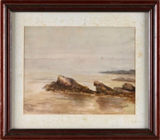 WILLIAM TROST RICHARDS (Pennsylvania/Rhode Island, 1833-1905), Rocky coast and distant sailboats.,