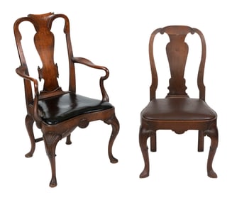 TWO QUEEN ANNE-STYLE CHAIRS 20th Century Back heights 38". Seat heights 18".