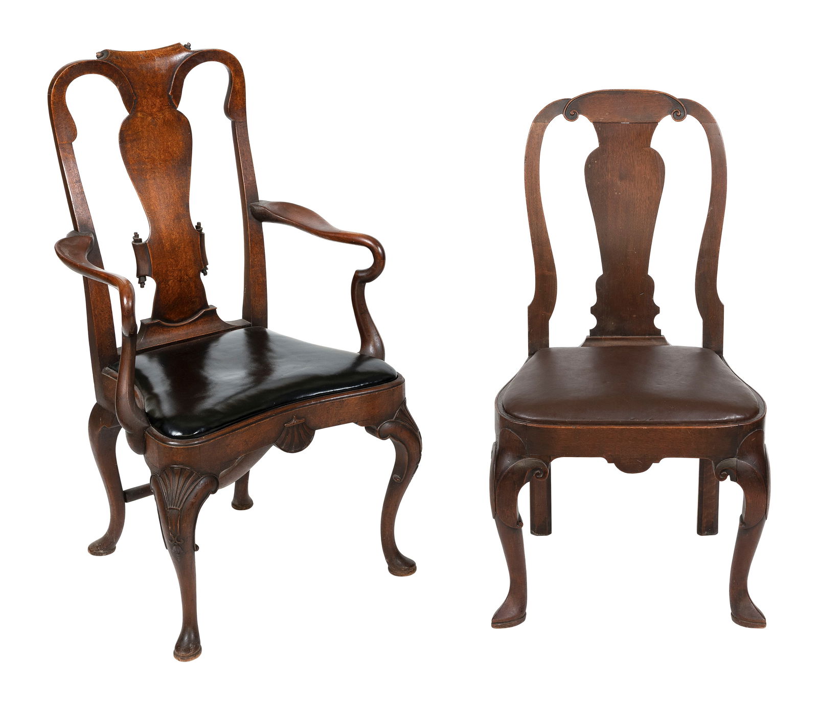 TWO QUEEN ANNE-STYLE CHAIRS 20th Century Back heights 38". Seat heights 18". (1 of 1)