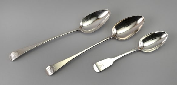 THREE BRITISH STERLING SILVER SPOONS 19th Century Total approx. 9.4 troy oz.