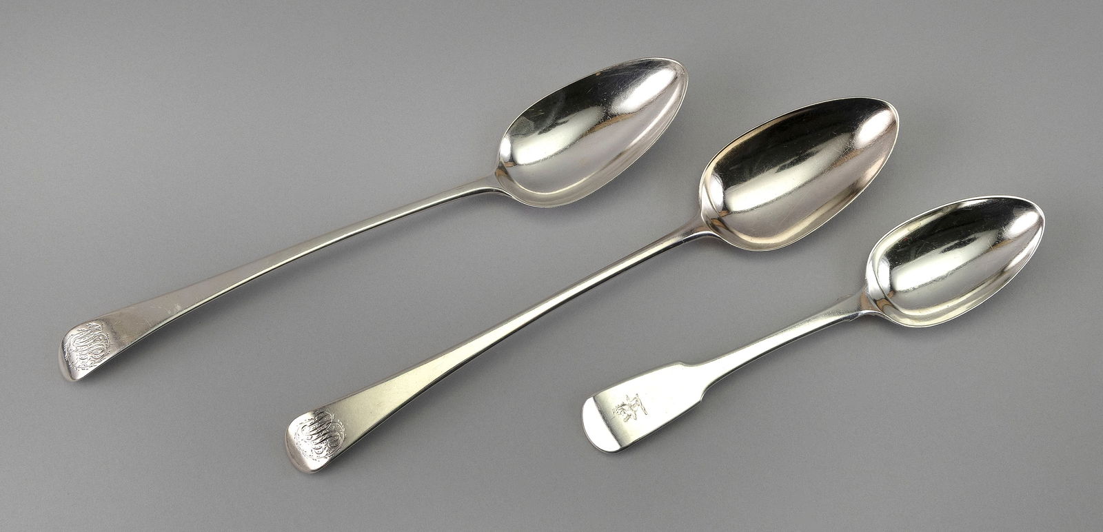 THREE BRITISH STERLING SILVER SPOONS 19th Century Total approx. 9.4 troy oz. (1 of 2)