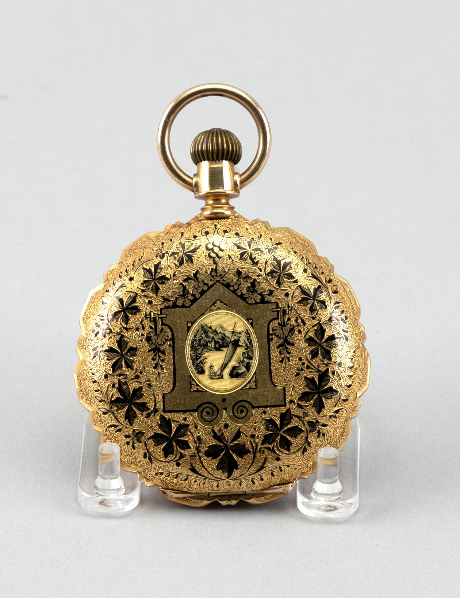 ELGIN 18KT GOLD HUNTER CASE POCKET WATCH WITH ENAMELED DECORATION Illinois, Late 19th/Early 20th (1 of 3)