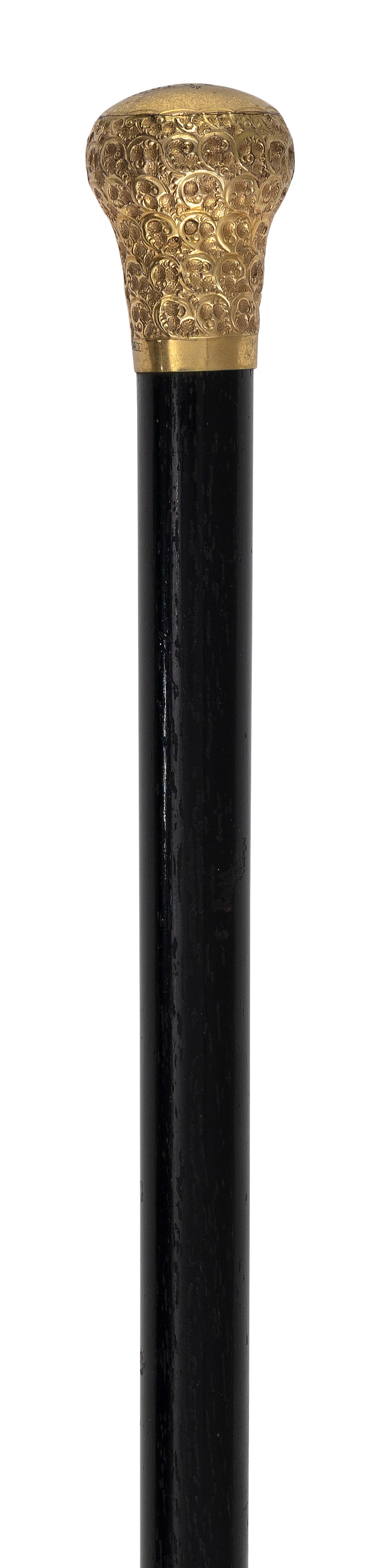 WALKING STICK WITH 18KT GOLD HANDLE 19th Century Length 35.5".: WALKING STICK WITH 18KT GOLD HANDLE19th CenturyEngraved "E.J. & C. Toon 1874-1924".Length 35.5".