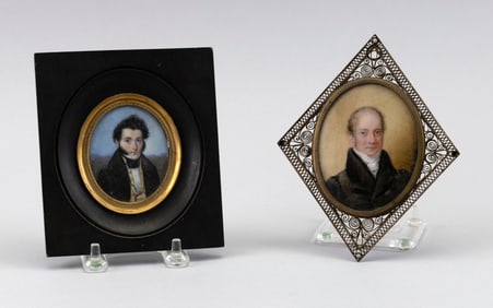 FRENCH SCHOOL (19th Century,), Two portrait miniatures:, Framed 5" x 4.5" and 5.75" x 4.5".