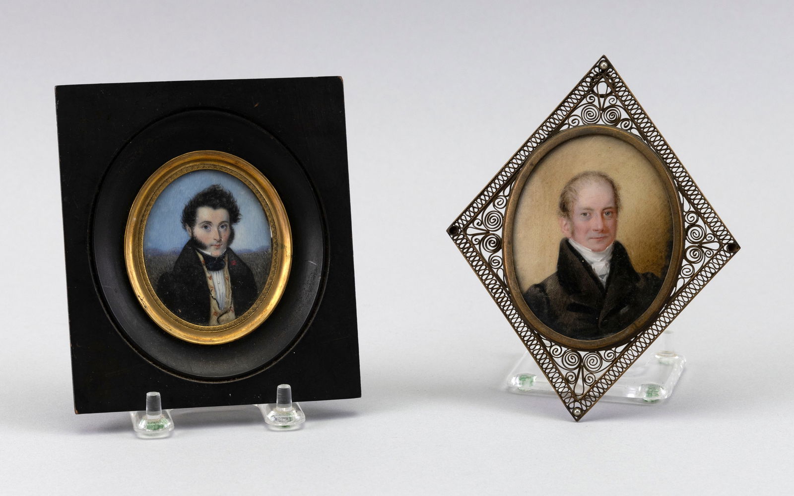 FRENCH SCHOOL (19th Century,), Two portrait miniatures:, Framed 5" x 4.5" and 5.75" x 4.5". (1 of 2)
