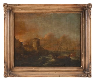 CONTINENTAL SCHOOL (18th Century,), Fortified coastline., Oil on canvas, 18" x 22". Framed 23.5" x