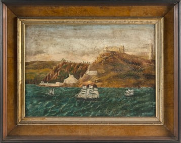 PAINTING OF SHIPS OFF A FRENCH LIGHTHOUSE 19th Century Oil on canvas, 15" x 21". Framed 22.5" x 28".
