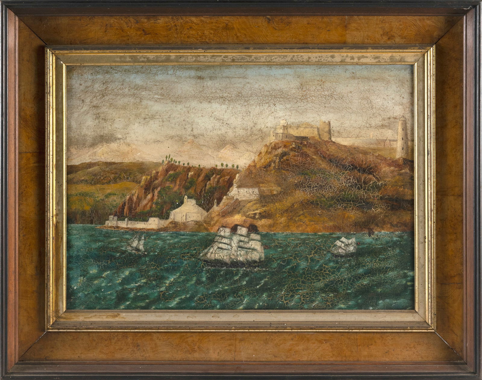 PAINTING OF SHIPS OFF A FRENCH LIGHTHOUSE 19th Century Oil on canvas, 15" x 21". Framed 22.5" x 28". (1 of 2)