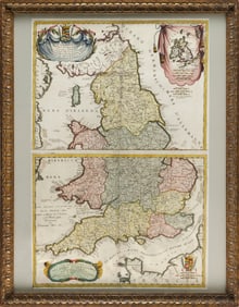 TWO VINCENZO CORONELLI MAPS OF ENGLAND 18th Century Sheets approx. 18" x 24". Framed 41" x 32.5".