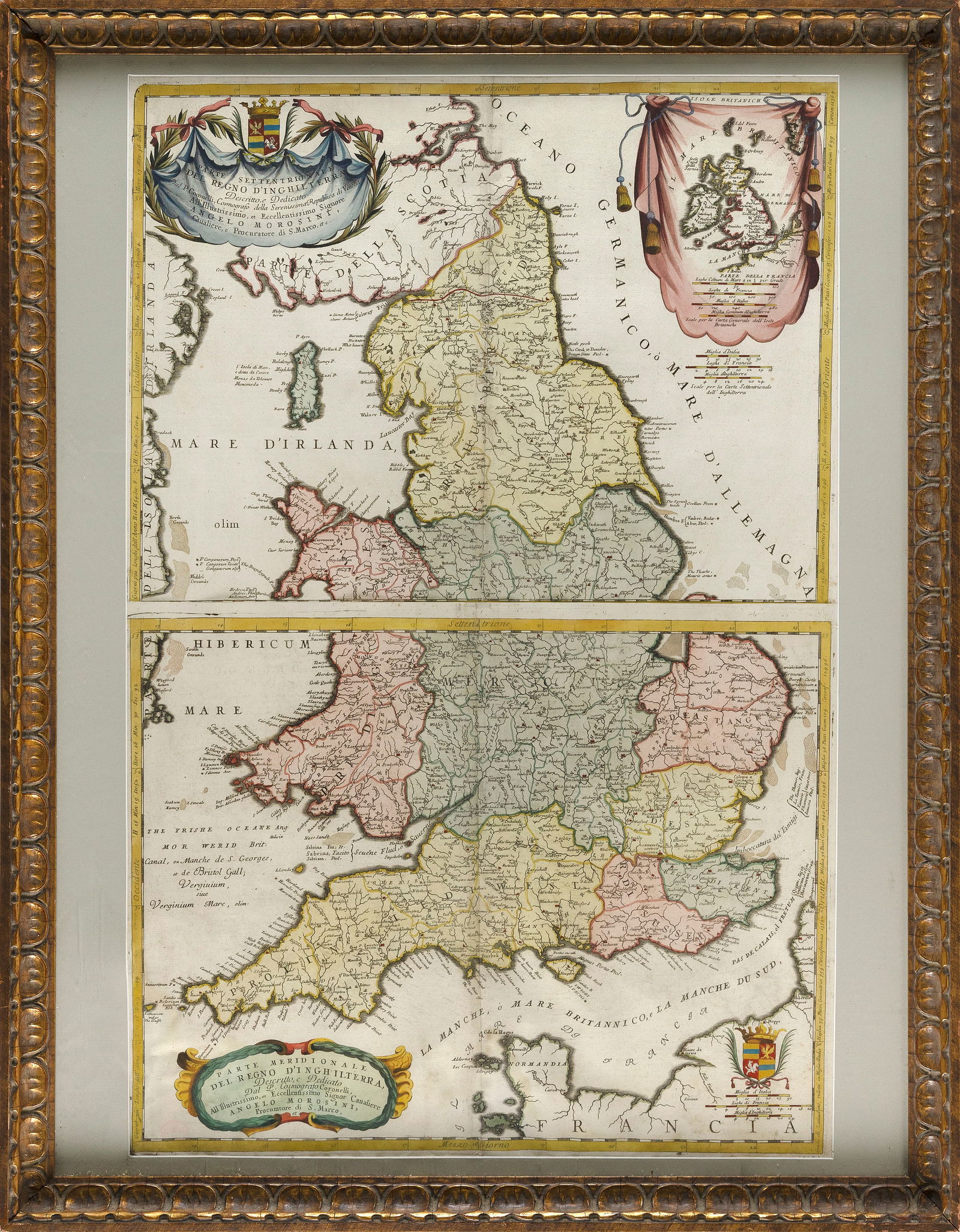 TWO VINCENZO CORONELLI MAPS OF ENGLAND 18th Century Sheets approx. 18" x 24". Framed 41" x 32.5". (1 of 2)