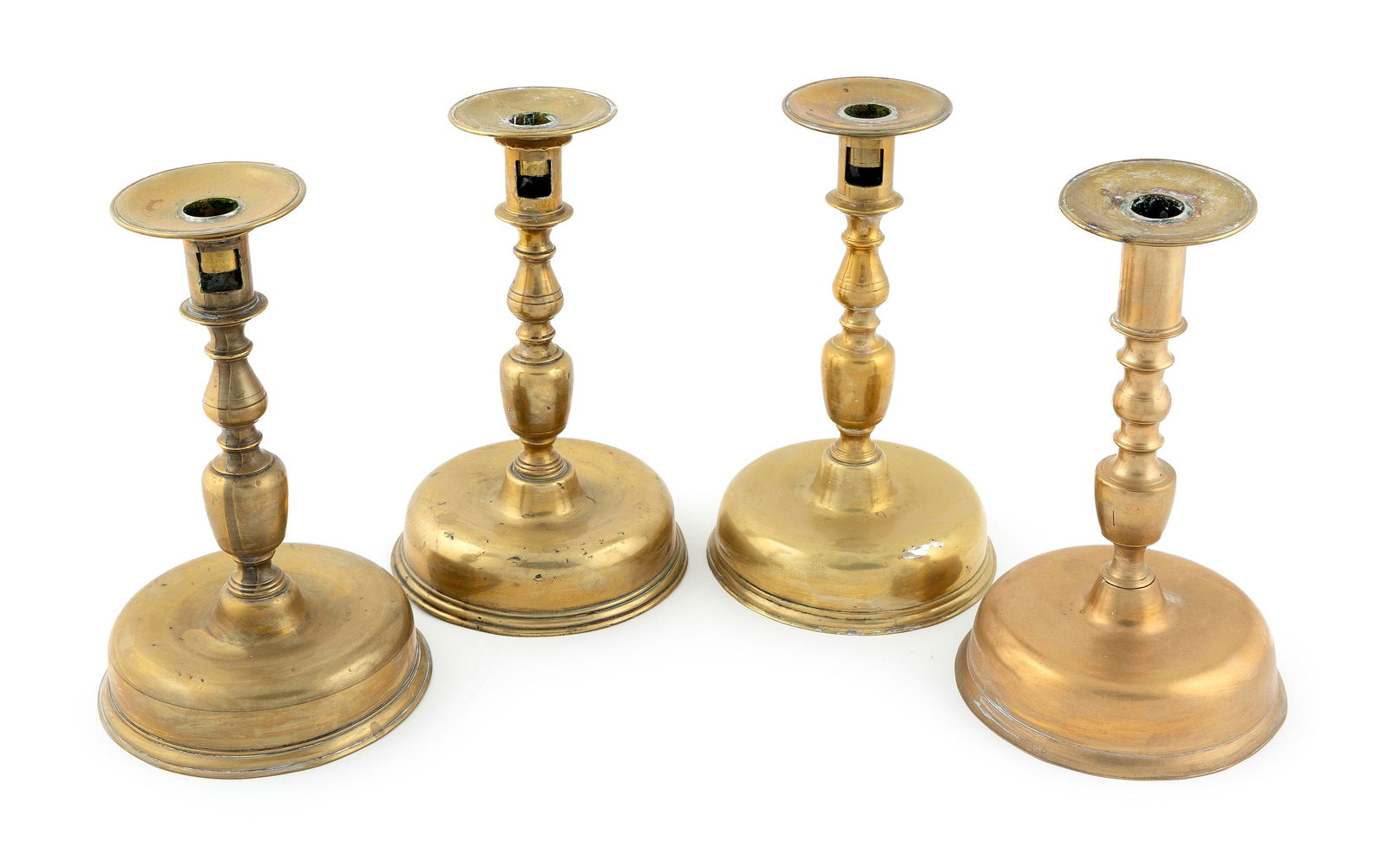 FINE ASSEMBLED SET OF FOUR ENGLISH OR DUTCH BRASS CANDLESTICKS 18th Century Heights approx. 9.5". (1 of 3)