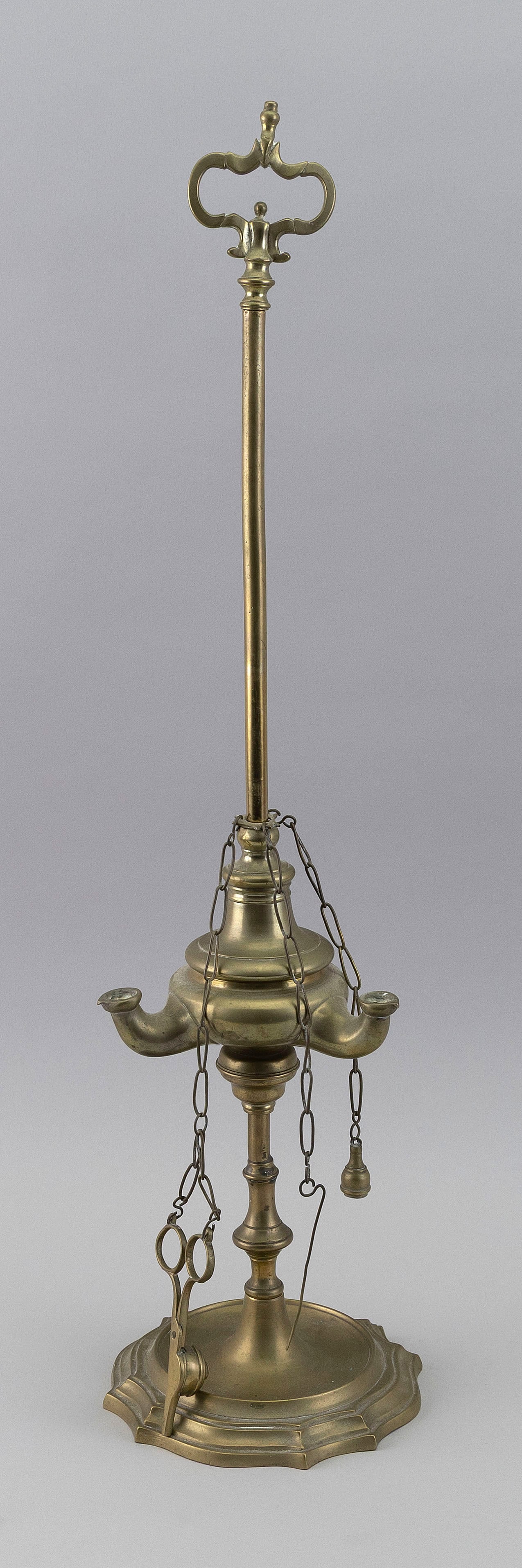 ROMAN-STYLE BRASS WHALE OIL LAMP Early 19th Century Height 24.5". (1 of 2)