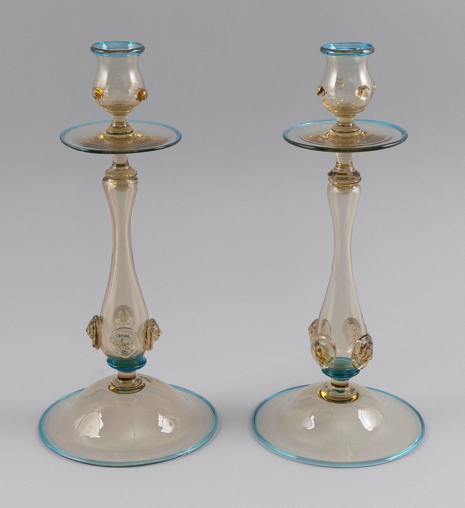 PAIR OF TALL VENETIAN GLASS CANDLESTICKS Italy, Early to Mid-20th Century Heights 13.5". Base (1 of 2)