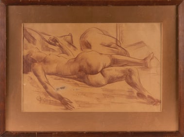 DRAWING OF A RECLINING FEMALE NUDE Late 19th/Early 20th Century Cont? crayon on paper, 12" x 19"