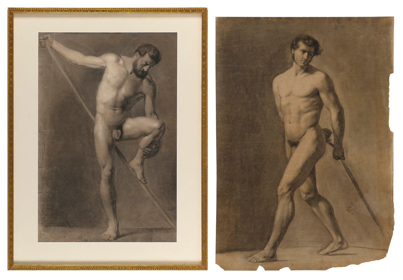 TWO ACADEMY LIFE STUDIES Late 19th Century Charcoals on paper, both approx. 21" x 14.5". One matted: TWO ACADEMY LIFE STUDIESLate 19th CenturyBoth of young male nudes posing with a stick. Unsigned.Charcoals on paper, both approx. 21" x 14.5". One matted 26" x 19". One framed 27" x 20".