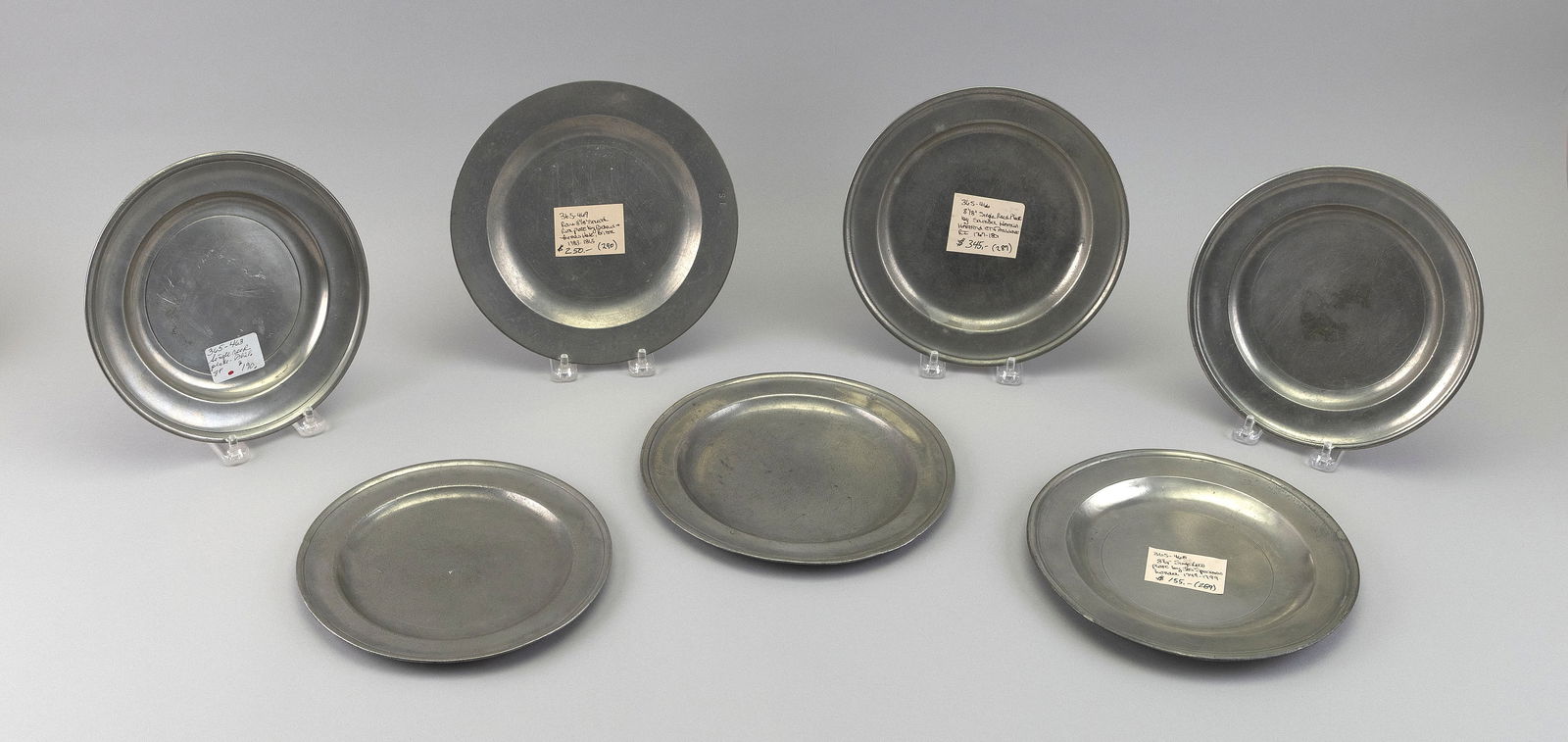SEVEN ENGLISH AND AMERICAN PEWTER PLATES 18th-19th Century Diameters from 7.75" to 8.5". (1 of 1)