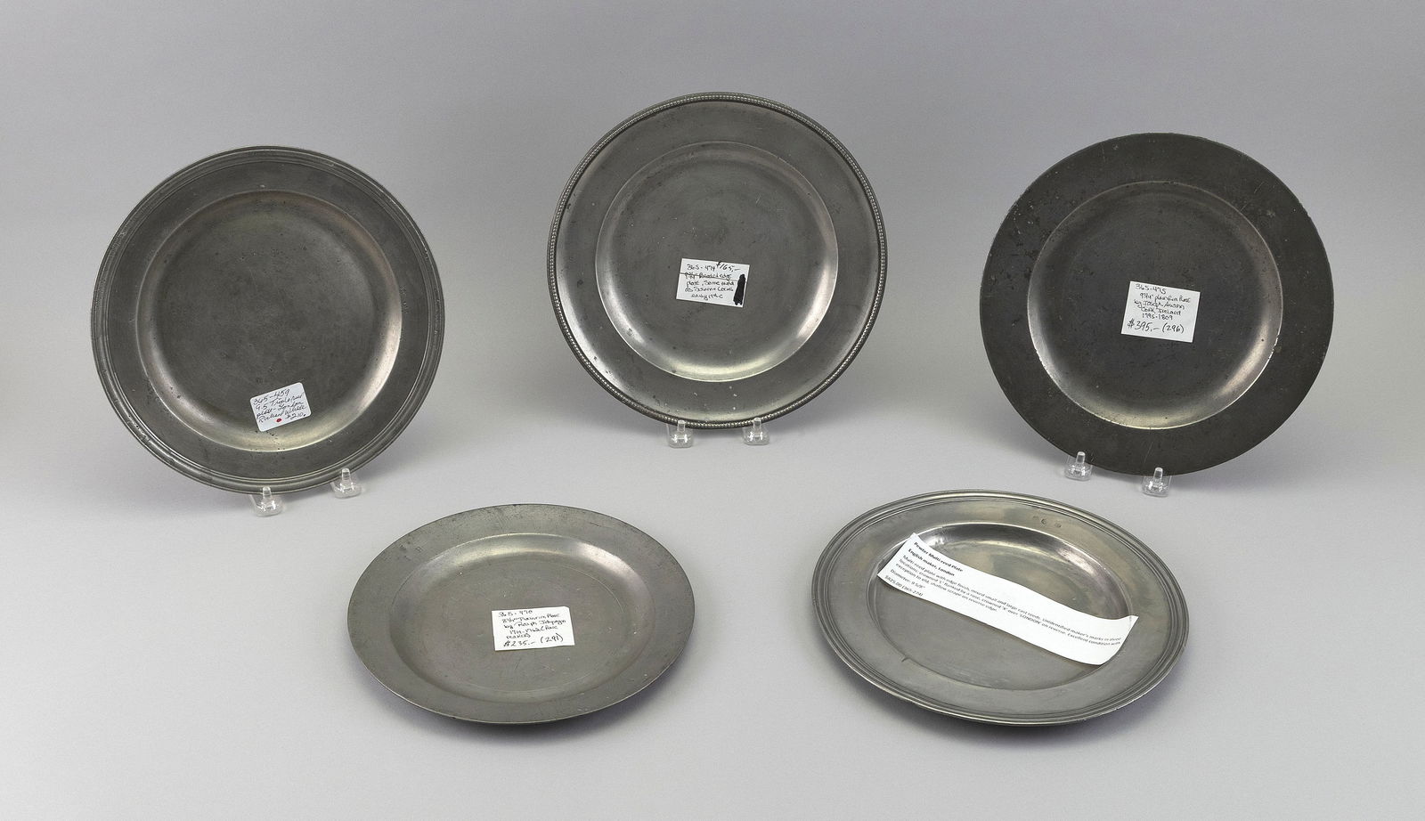 FIVE ENGLISH AND AMERICAN PEWTER PLATES 18th/19th Century Diameters from 8.75" to 9.5". (1 of 1)