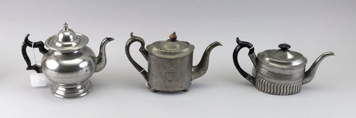 THREE PEWTER TEAPOTS First Half of the 19th Century Heights from 5.5" to 8".