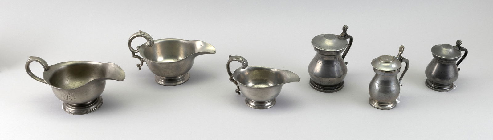 SIX PEWTER ITEMS 19th Century Measure heights from 3.5" to 4.5". (1 of 1)