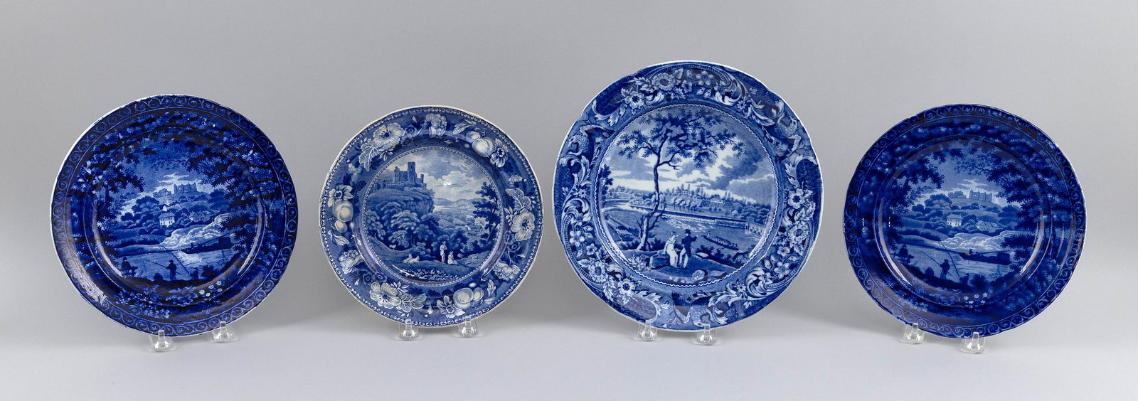 FOUR BLUE STAFFORDSHIRE PLATES 19th Century Diameters 8.5" and 10". (1 of 2)