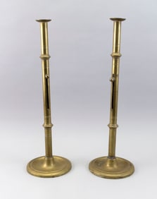 PAIR OF ENGLISH BRASS OVERSIZED CANDLESTICKS 19th Century Heights 21".