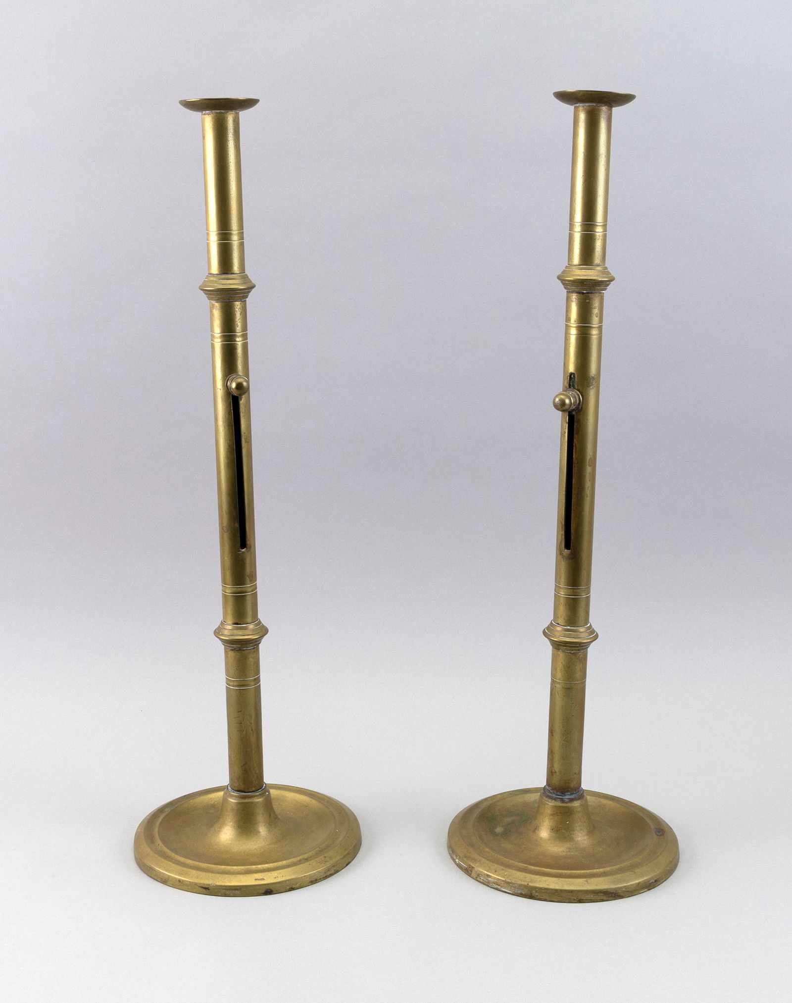 PAIR OF ENGLISH BRASS OVERSIZED CANDLESTICKS 19th Century Heights 21". (1 of 3)