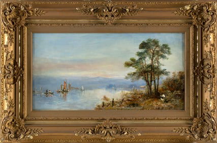 CONTINENTAL SCHOOL (19th Century,), A figure and a dog resting on the shore of a lake., Oil on