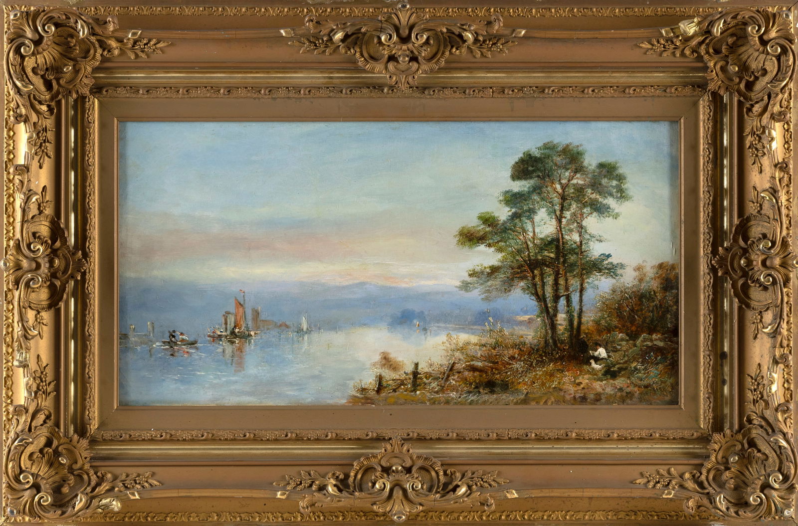CONTINENTAL SCHOOL (19th Century,), A figure and a dog resting on the shore of a lake., Oil on (1 of 2)