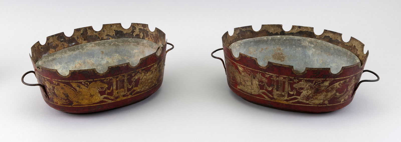 TWO FRENCH EMPIRE TOLE MONTIETHS 19th Century Heights 4.25". Lengths 11". (1 of 2)