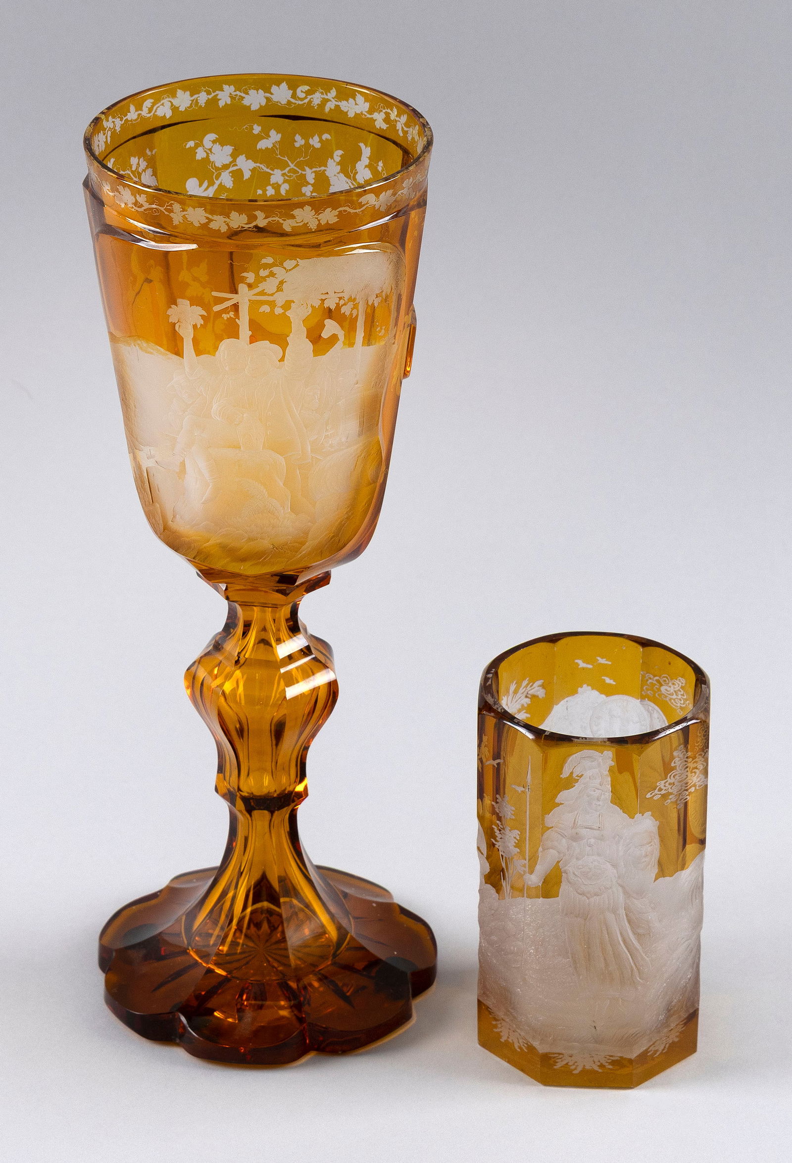 TWO PIECES OF INTAGLIO ENGRAVED AMBER BOHEMIAN GLASS Early 19th Century (1 of 4)