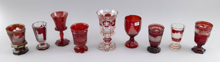 NINE GERMAN AND BAVARIAN RUBY-FLASHED AND ETCHED GLASS BEAKERS 19th Century Heights from 5" to 8".